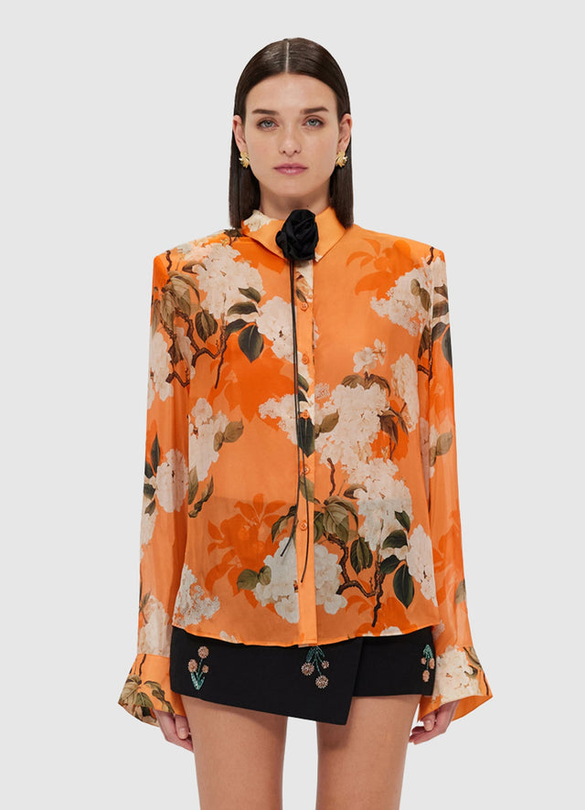 Exclusive Leo Lin Della Blouse - Hydrangea Print in Tangerine