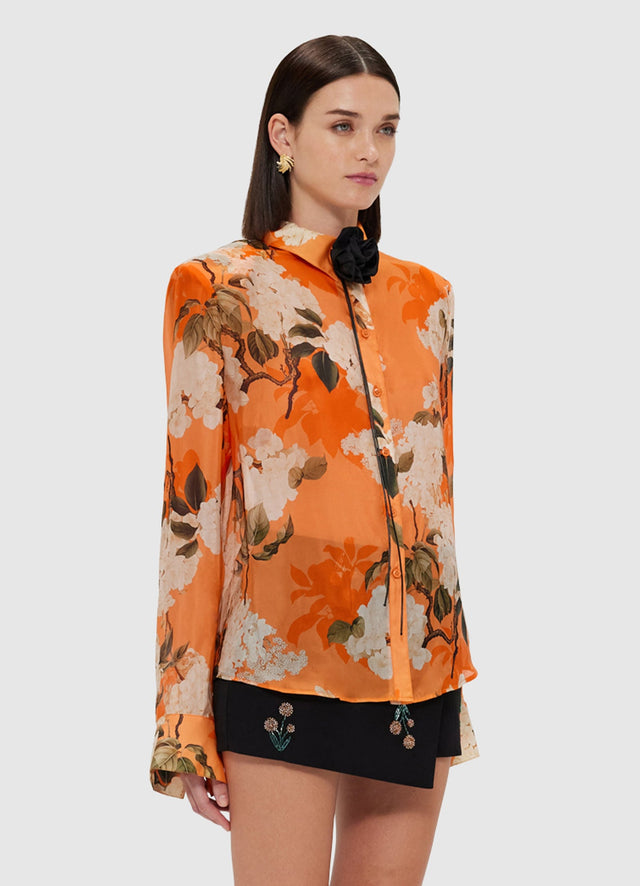 Exclusive Leo Lin Della Blouse - Hydrangea Print in Tangerine