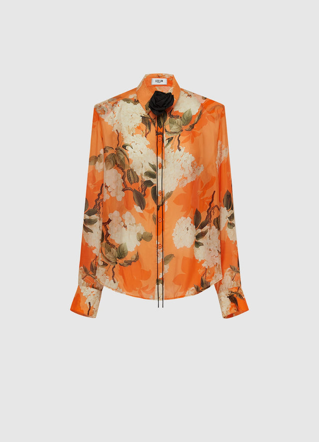 Exclusive Leo Lin Della Blouse - Hydrangea Print in Tangerine