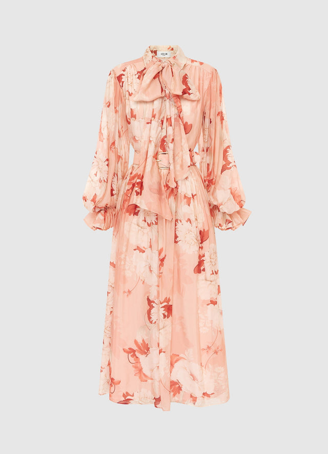 Exclusive Leo Lin Cassie Tie Neck Midi Dress - Peony Print