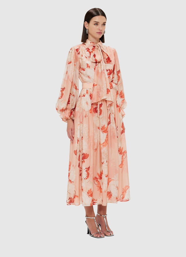 Exclusive Leo Lin Cassie Tie Neck Midi Dress - Peony Print