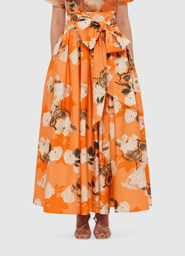 Exclusive Leo Lin Valerie Maxi Skirt - Hydrangea Print in Tangerine