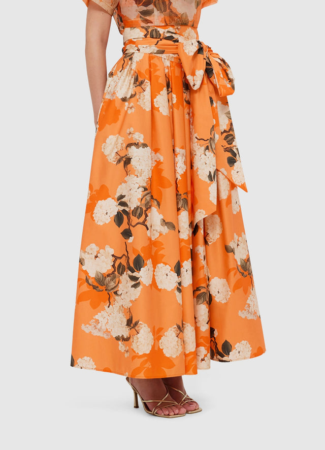 Exclusive Leo Lin Valerie Maxi Skirt - Hydrangea Print in Tangerine