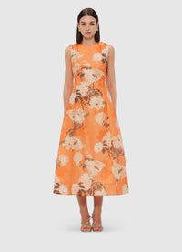 Exclusive Leo Lin Cleo Sleeveless Midi Dress - Hydrangea Print in Tangerine