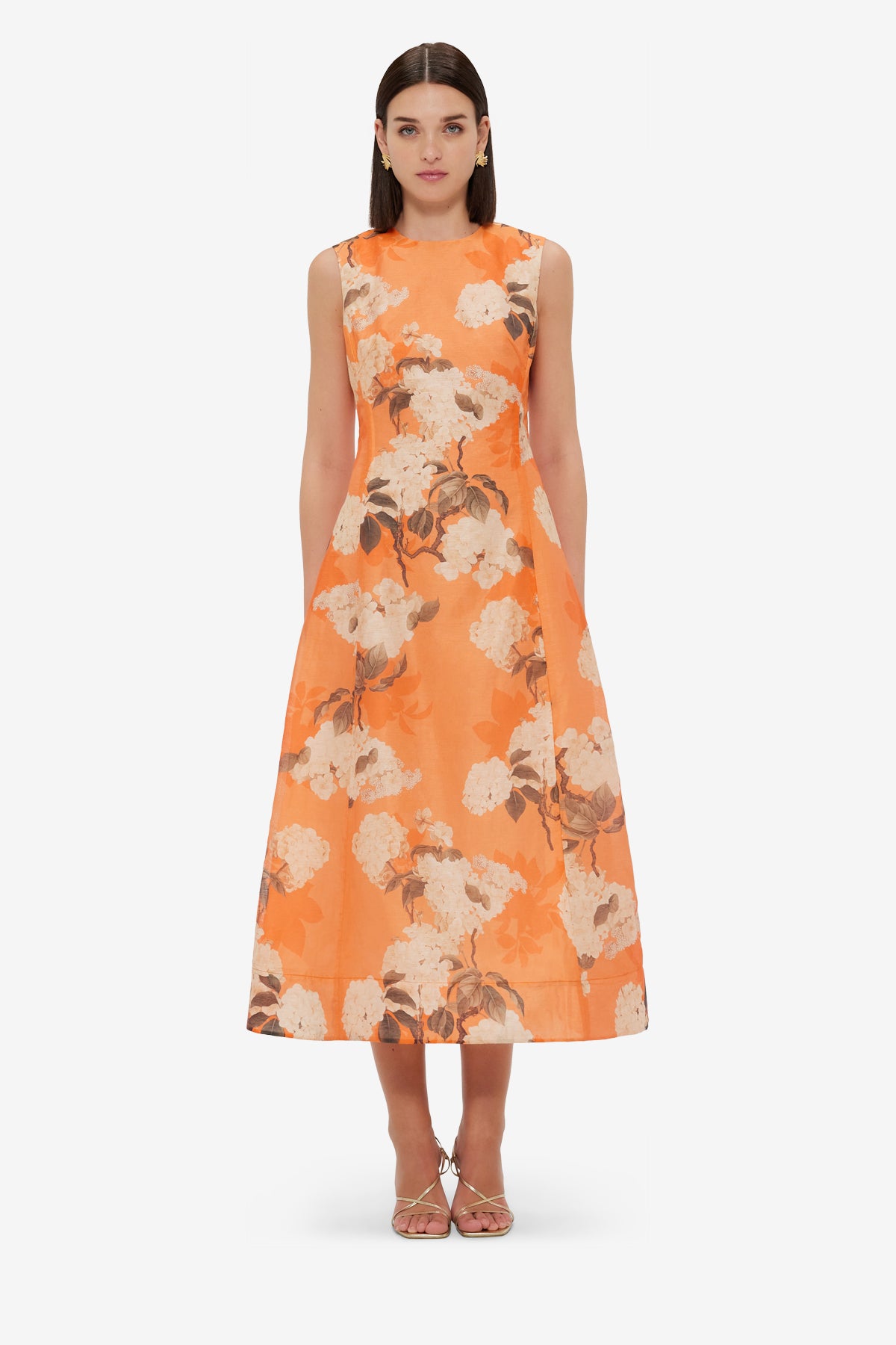 【Leo Lin】Cleo Printed Sleeveless Midi Dress Cleo Printed Sleeveless Midi Dress - Hydrangea in Tangerine