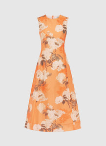 Cleo Sleeveless Midi Dress - Hydrangea Print in Tangerine