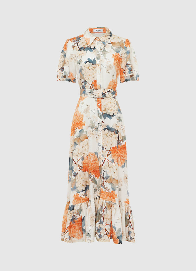 Exclusive Leo Lin Bianca Short Sleeve Midi Dress - Hydrangea Print in Vanilla