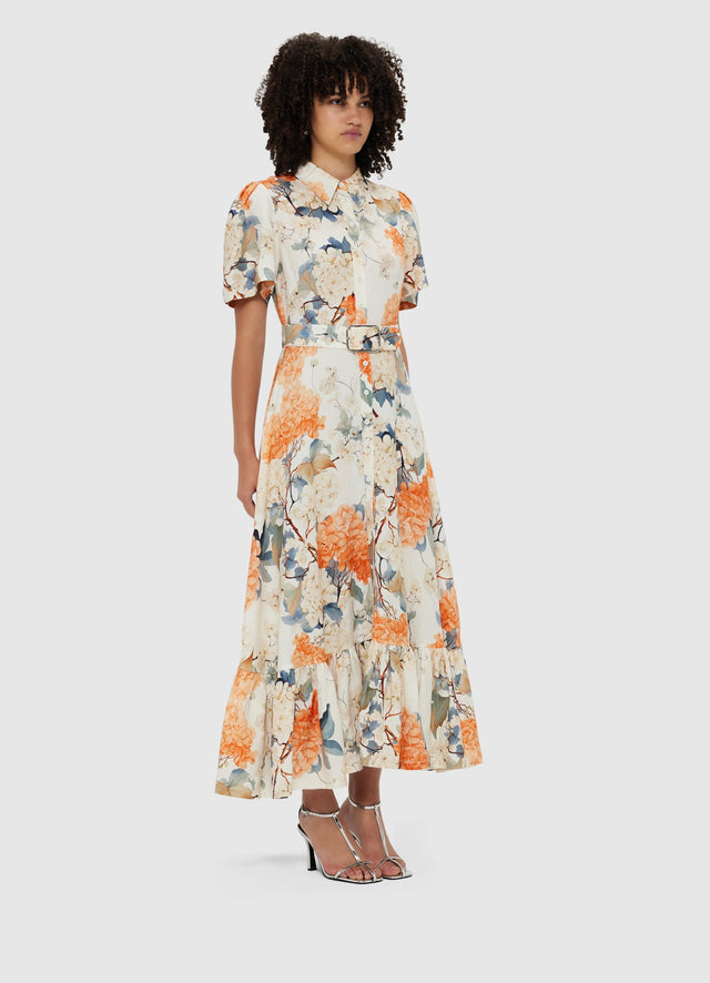 Exclusive Leo Lin Bianca Short Sleeve Midi Dress - Hydrangea Print in Vanilla