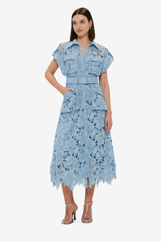Exclusive Leo Lin Audrey Lace Pocket Shirt Midi Dress - Powder Blue