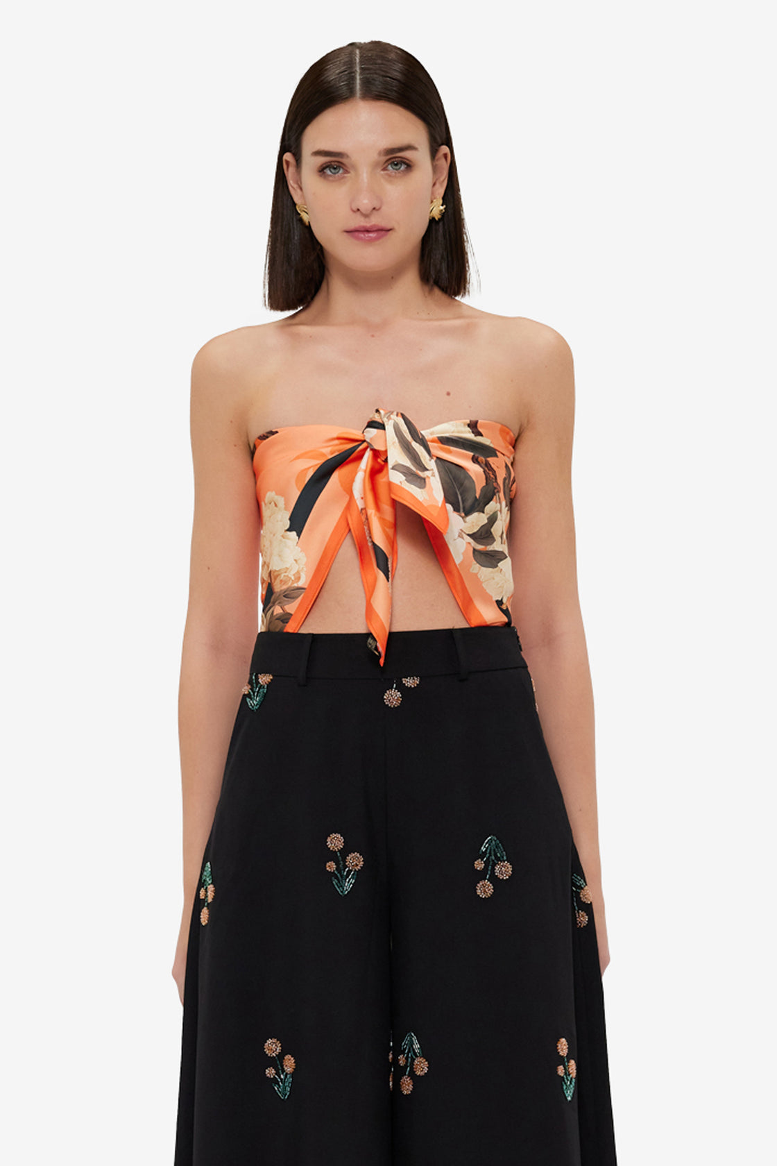 Exclusive Leo Lin Small Scarf - Hydrangea Print in Tangerine