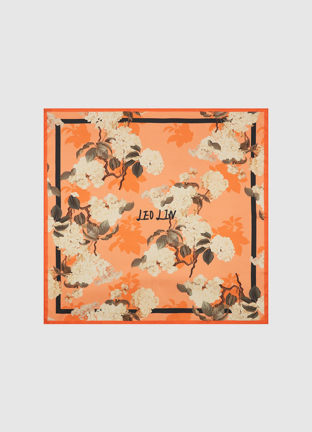 Exclusive Leo Lin Small Scarf - Hydrangea Print in Tangerine