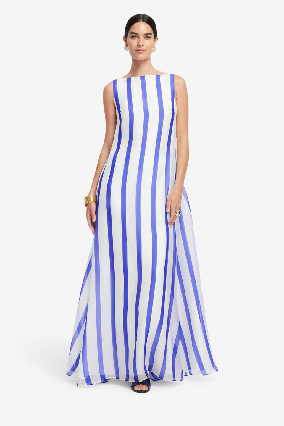 Exclusive LEO LIN Yumei Striped Open Back Gown - Navy