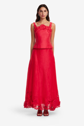 Exclusive LEO LIN Melissa Linen Applique Maxi Skirt - Scarlet
