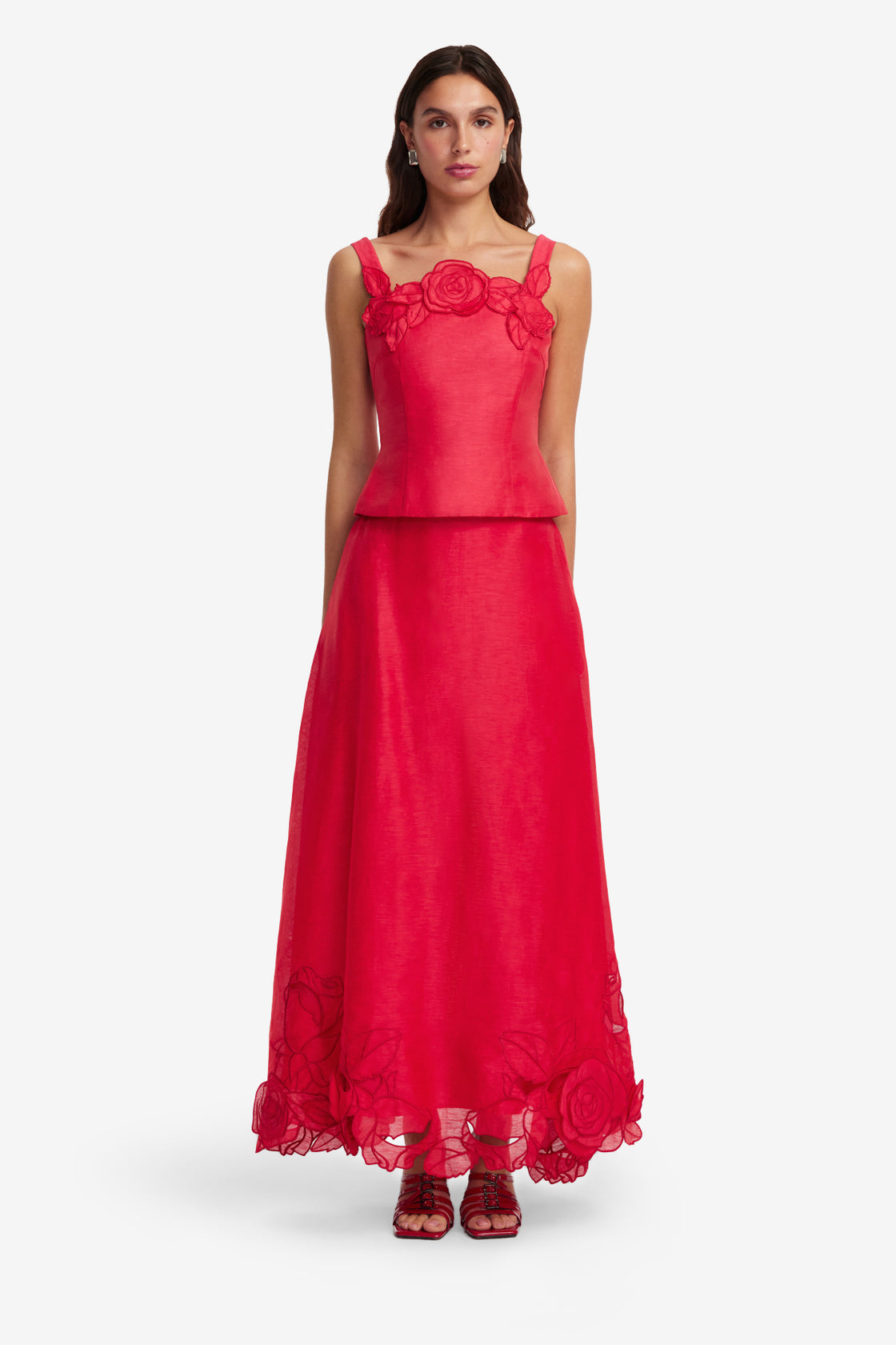 Exclusive LEO LIN Melissa Linen Applique Maxi Skirt - Scarlet