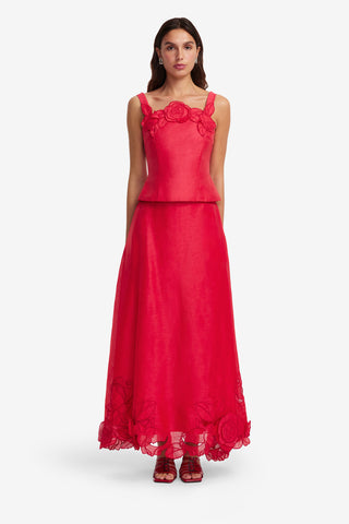 Exclusive LEO LIN Melissa Linen Applique Maxi Skirt - Scarlet