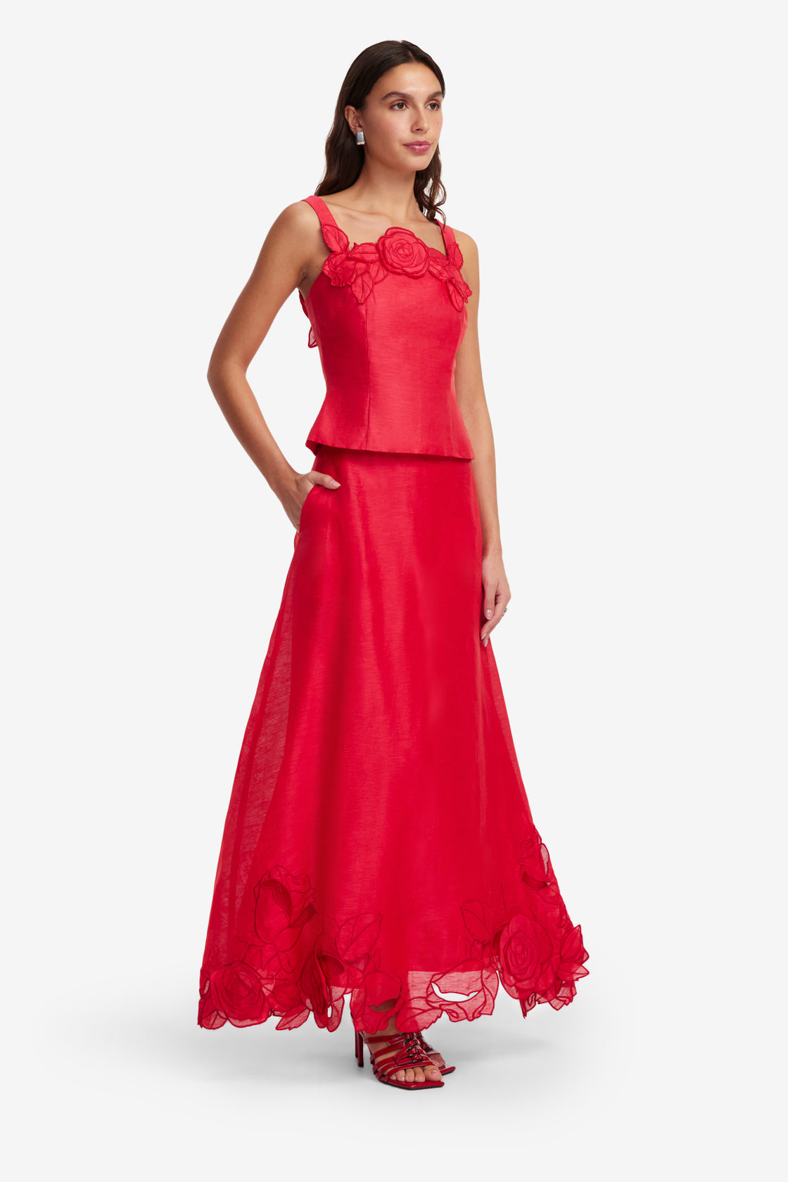 Exclusive LEO LIN Melissa Linen Applique Maxi Skirt - Scarlet