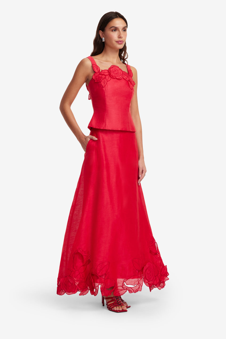 Exclusive LEO LIN Melissa Linen Applique Maxi Skirt - Scarlet