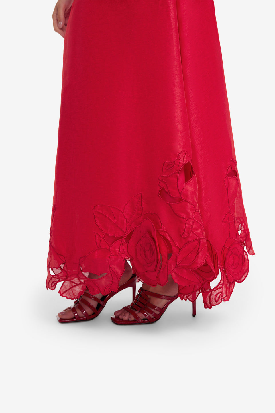 Exclusive LEO LIN Melissa Linen Applique Maxi Skirt - Scarlet