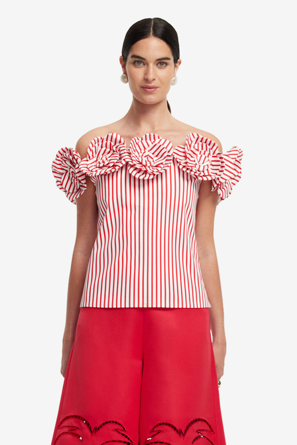 Exclusive LEO LIN McKayla Off-Shoulder Top - Stripes in Scarlet
