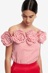 McKayla Off-Shoulder Top - Stripes in Scarlet Tops