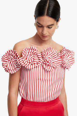 Exclusive LEO LIN McKayla Off-Shoulder Top - Stripes in Scarlet