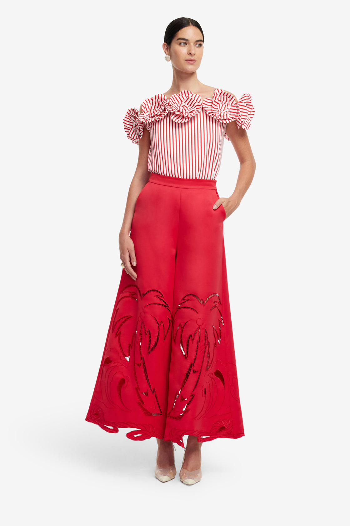 Exclusive LEO LIN McKayla Off-Shoulder Top - Stripes in Scarlet