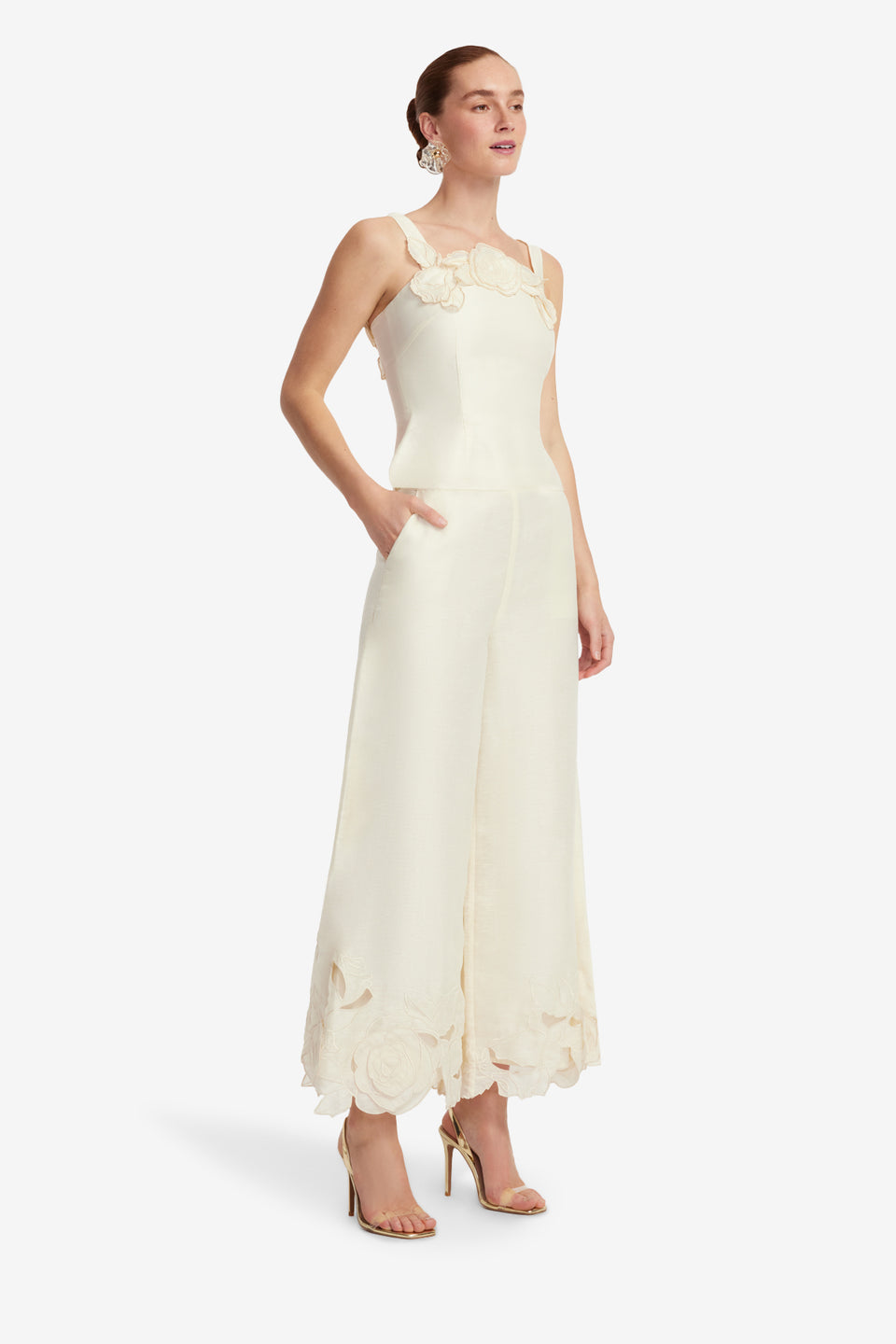 Exclusive LEO LIN Theodora Linen Applique Pants - Vanilla