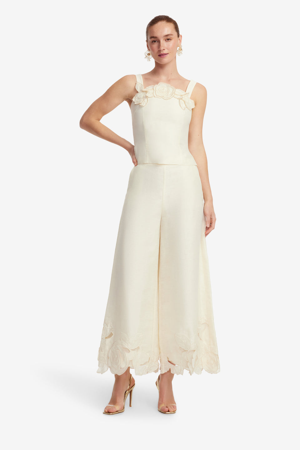 Exclusive LEO LIN Theodora Linen Applique Pants - Vanilla