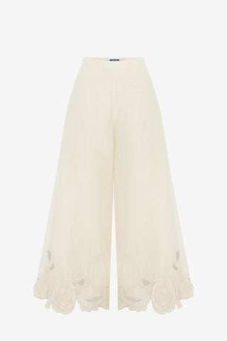 Exclusive LEO LIN Theodora Linen Applique Pants - Vanilla