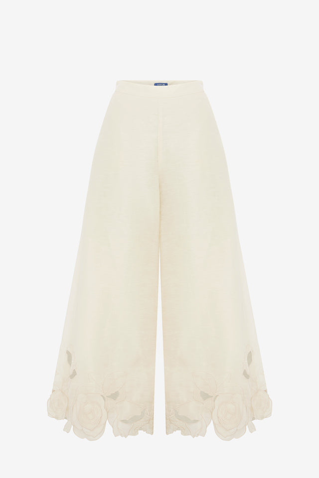 Exclusive LEO LIN Theodora Linen Applique Pants - Vanilla