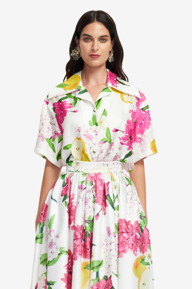 Exclusive LEO LIN Casey Silk Button Shirt - Floral Pear Print