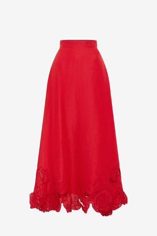 Exclusive LEO LIN Melissa Linen Applique Maxi Skirt - Scarlet
