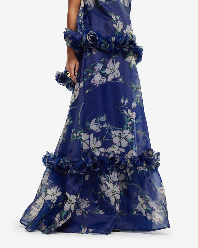 Exclusive LEO LIN Paige Ruffled Maxi Skirt - Midnight Magnolia Print