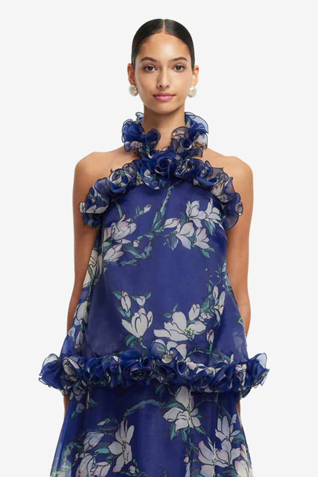 Exclusive LEO LIN Michelle Ruffled Halterneck Top - Midnight Magnolia Print