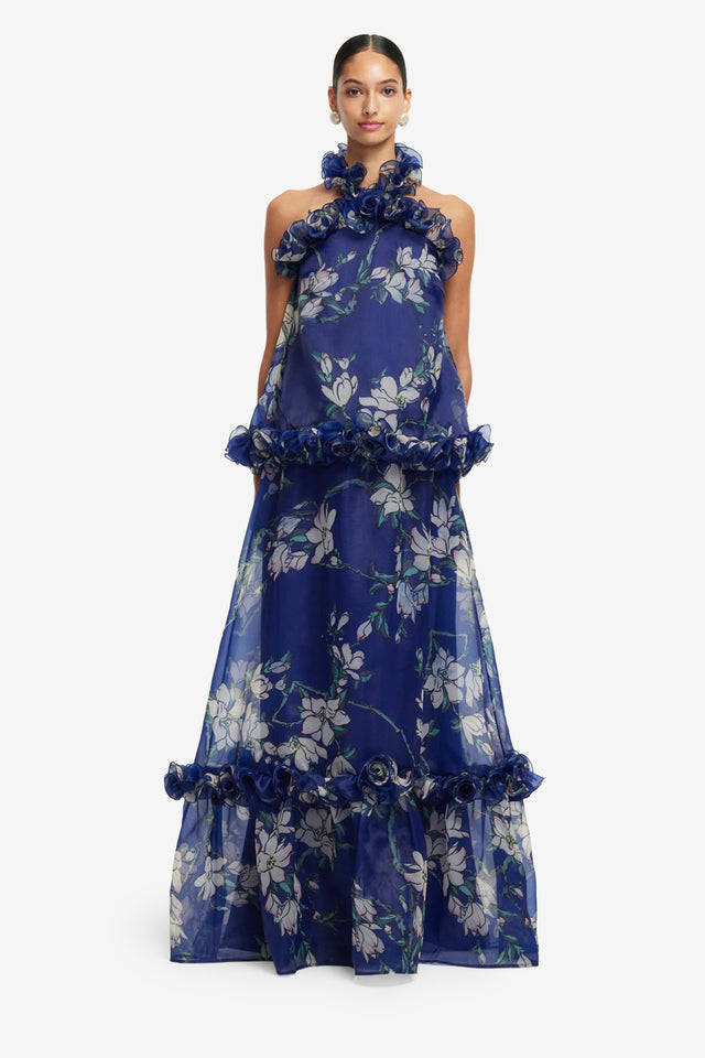Exclusive LEO LIN Paige Ruffled Maxi Skirt - Midnight Magnolia Print