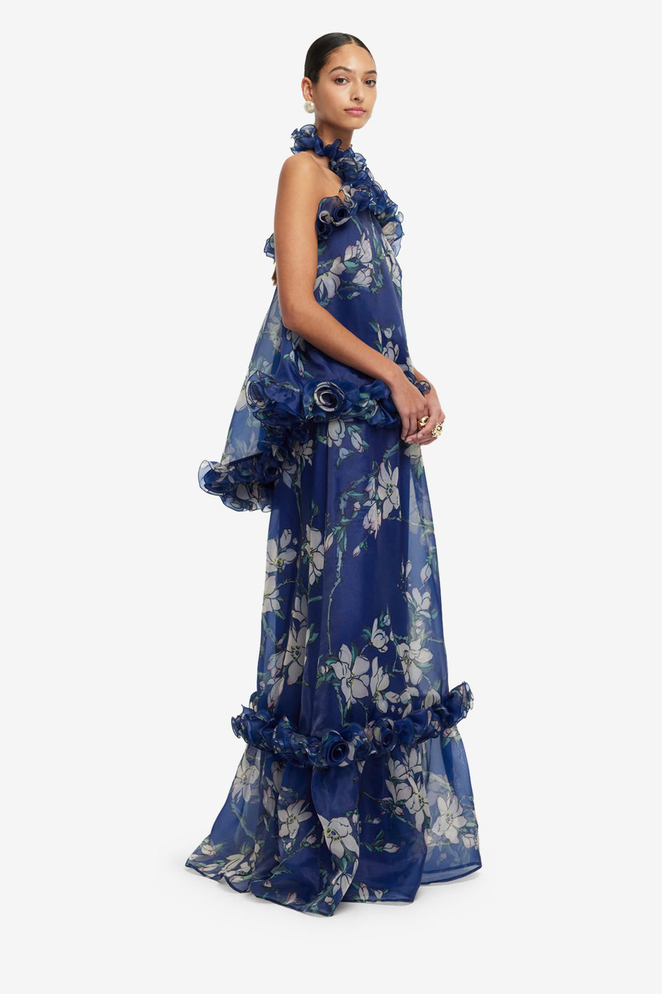 Exclusive LEO LIN Michelle Ruffled Halterneck Top - Midnight Magnolia Print
