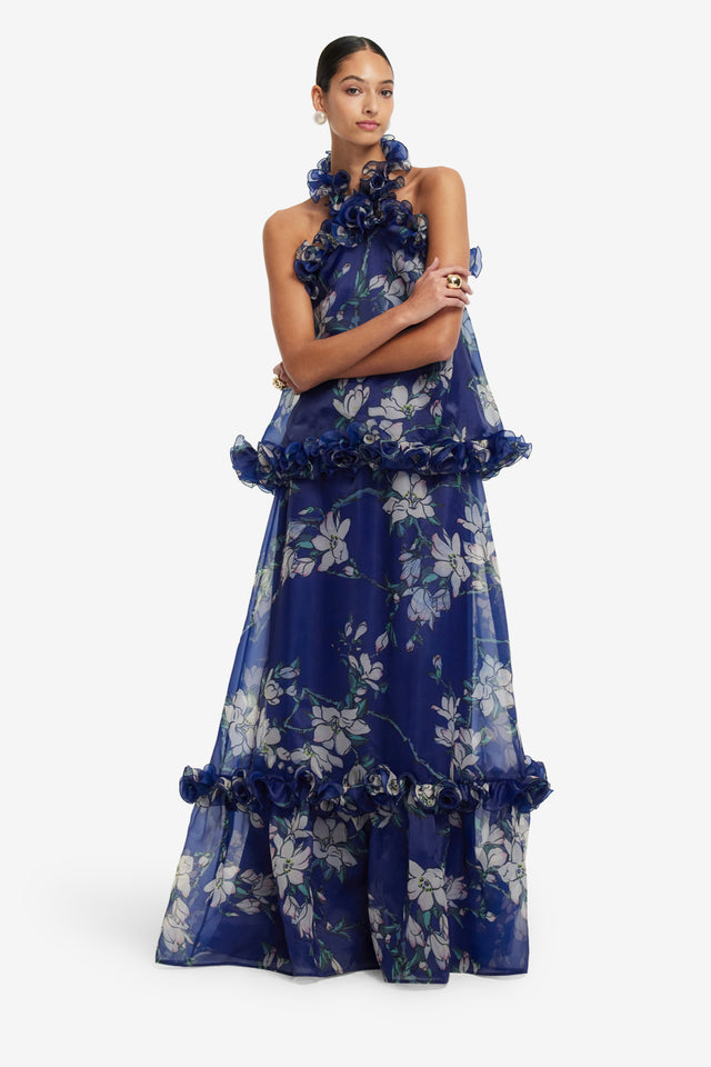 Exclusive LEO LIN Paige Ruffled Maxi Skirt - Midnight Magnolia Print