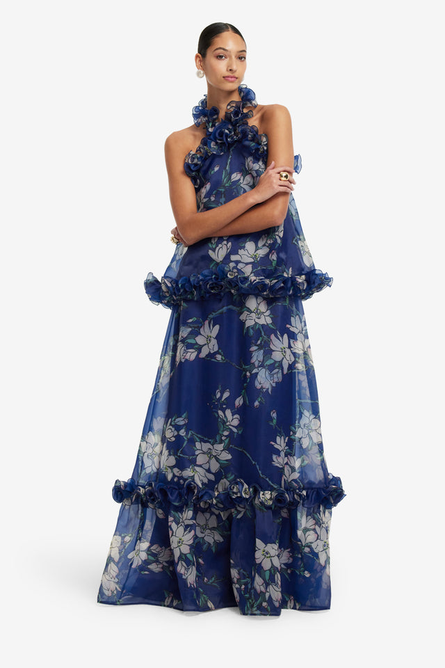 Exclusive LEO LIN Michelle Ruffled Halterneck Top - Midnight Magnolia Print