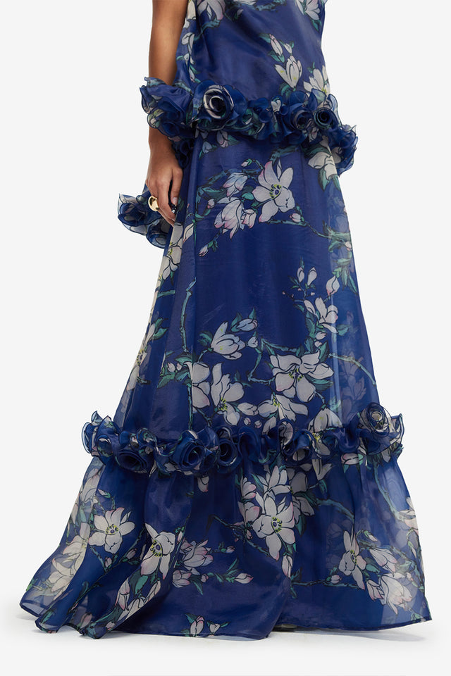 Exclusive LEO LIN Paige Ruffled Maxi Skirt - Midnight Magnolia Print