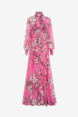 Lilith Tie Neck Maxi Dress - Pink Magnolia Print Dress Maxi