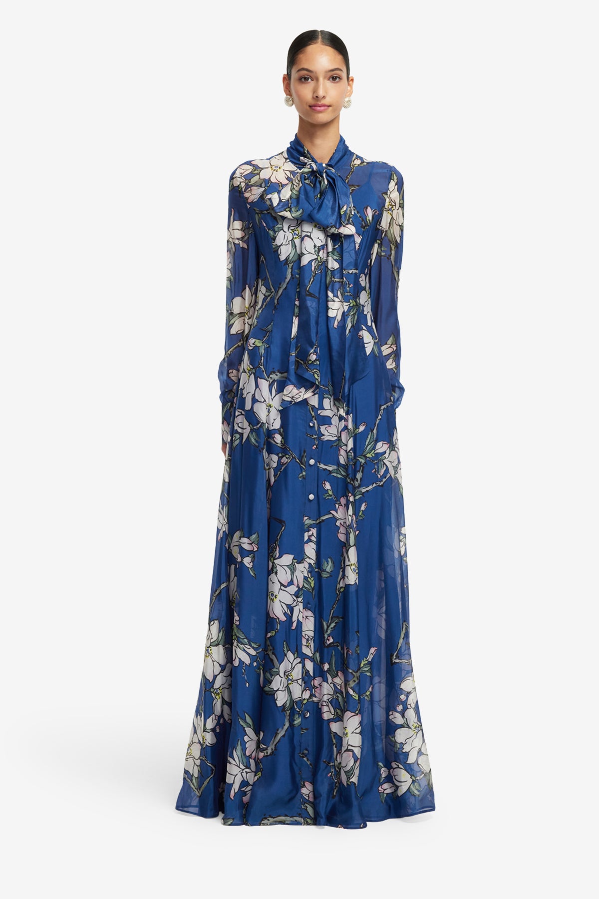 Lilith Tie Neck Maxi Dress - Midnight Magnolia Print – LEO LIN