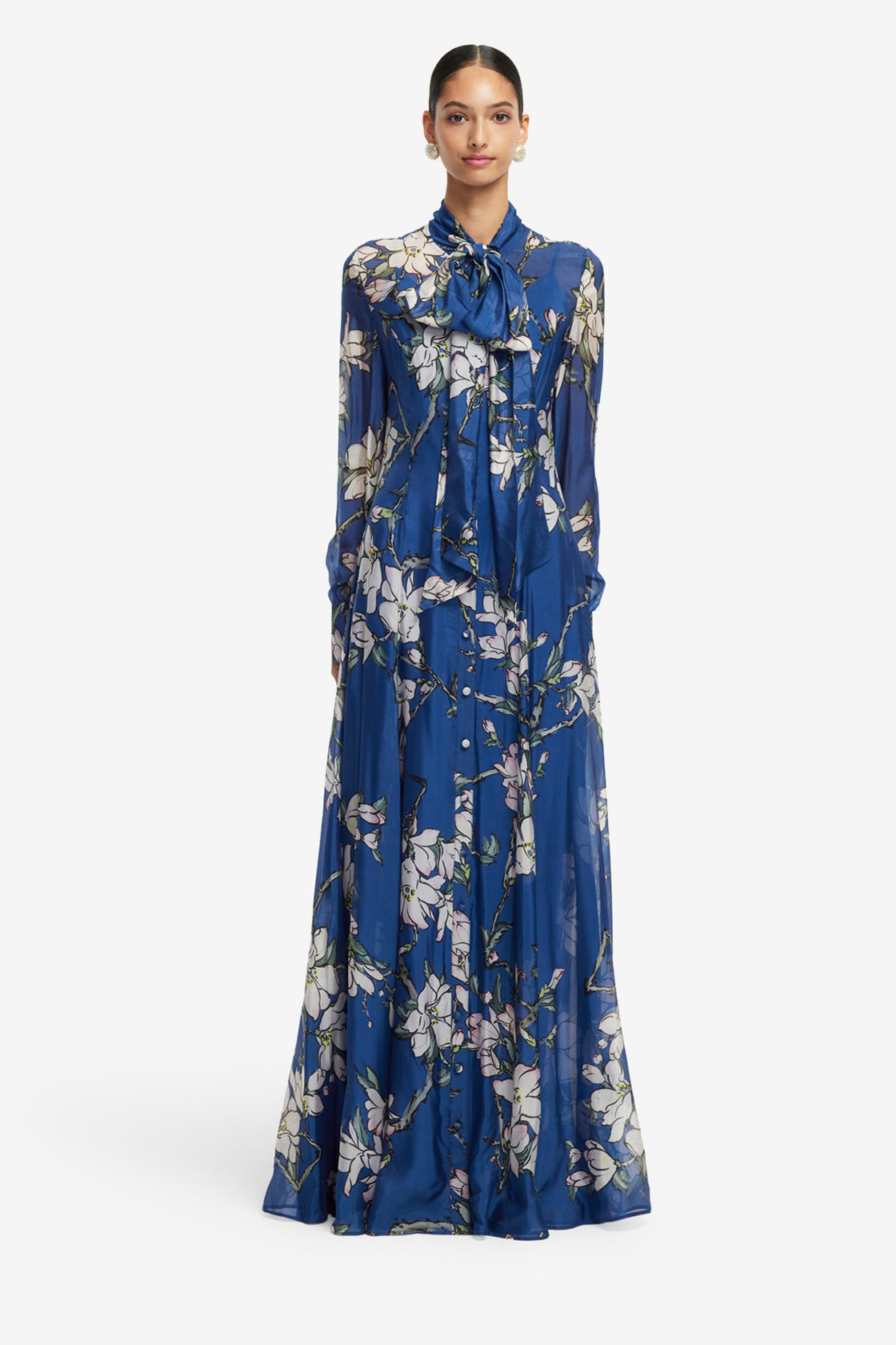 Lilith Tie Neck Maxi Dress - Midnight Magnolia Print LEO LIN Lilith Tie Neck Maxi Dress - Midnight Magnolia Print LEO LIN