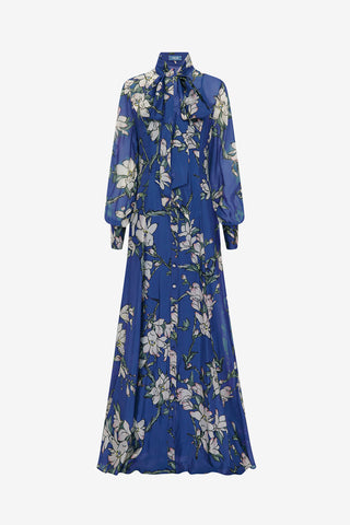 Exclusive LEO LIN Lilith Tie Neck Maxi Dress - Midnight Magnolia Print