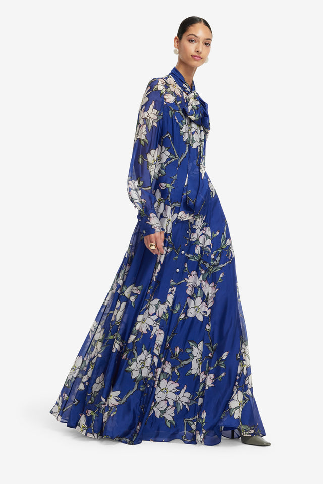 Exclusive LEO LIN Lilith Tie Neck Maxi Dress - Midnight Magnolia Print