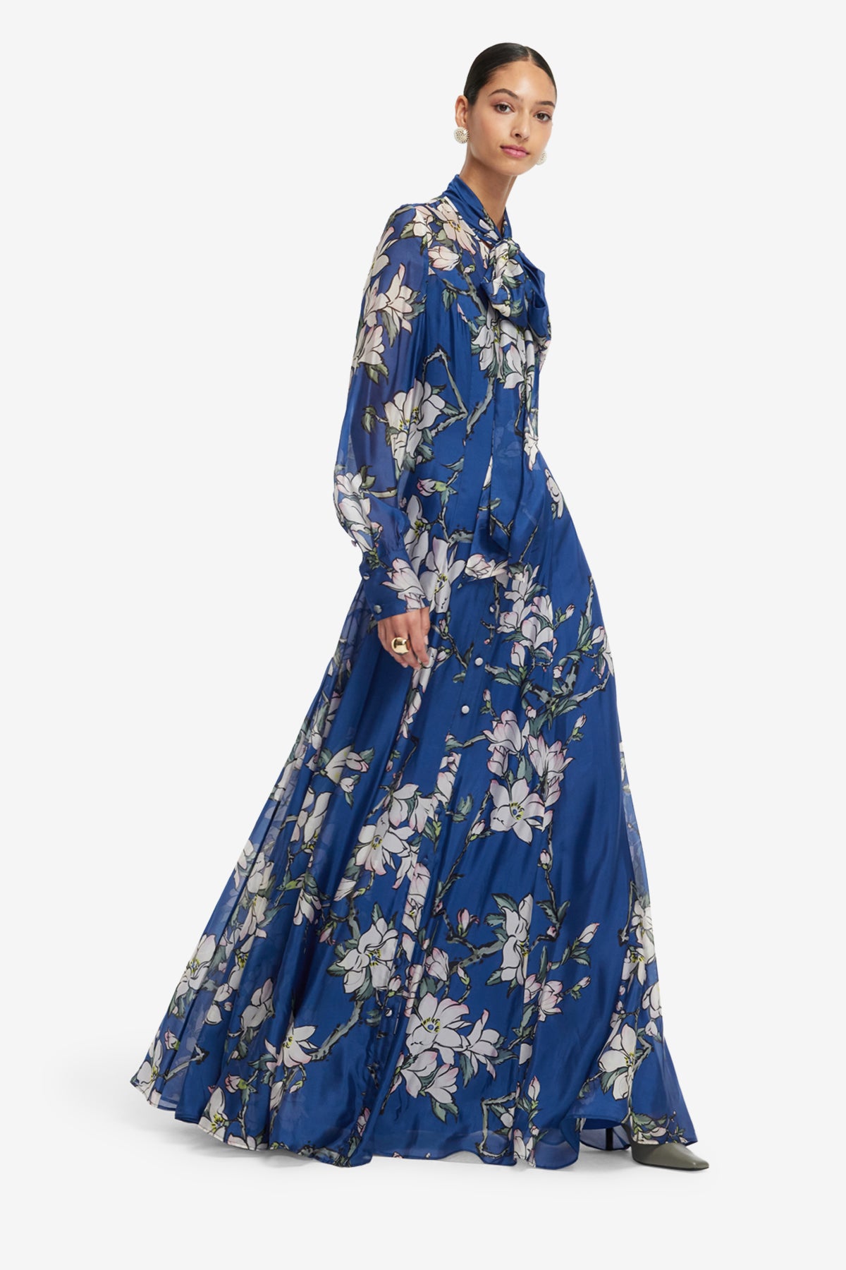 Lilith Tie Neck Maxi Dress - Midnight Magnolia Print – LEO LIN