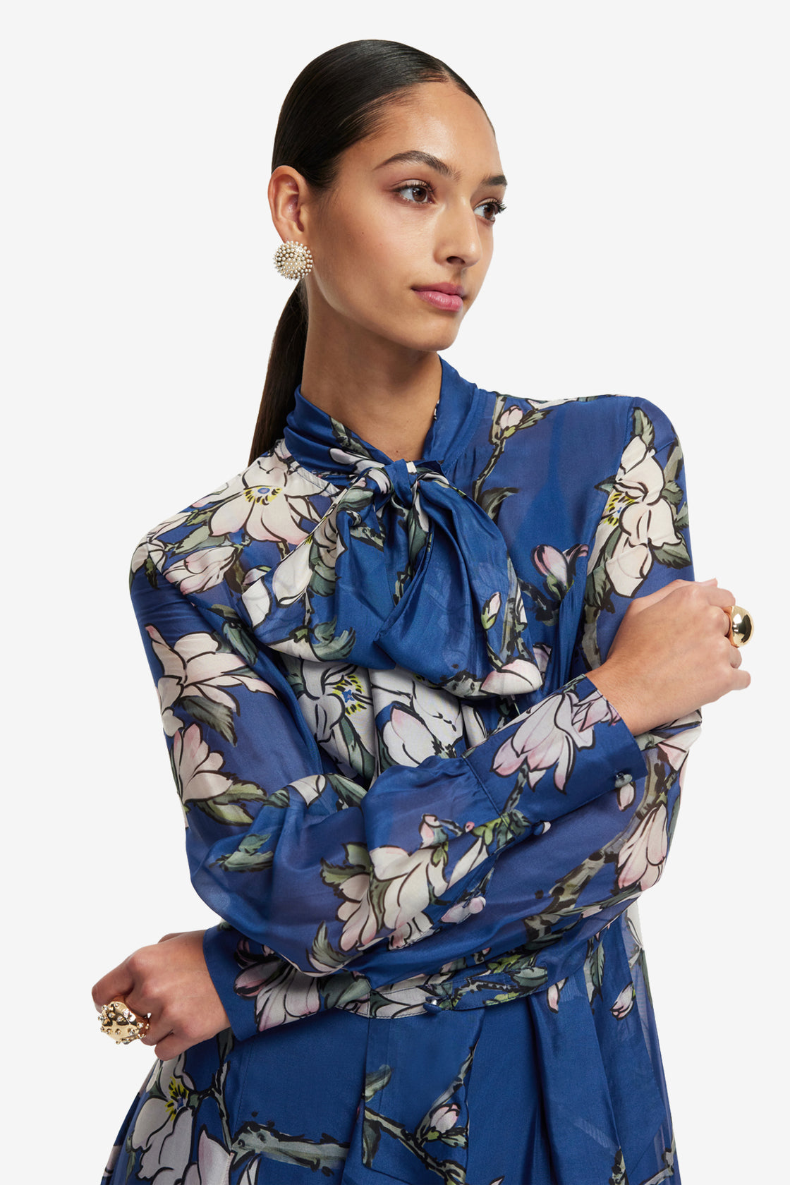 Exclusive LEO LIN Lilith Tie Neck Maxi Dress - Midnight Magnolia Print