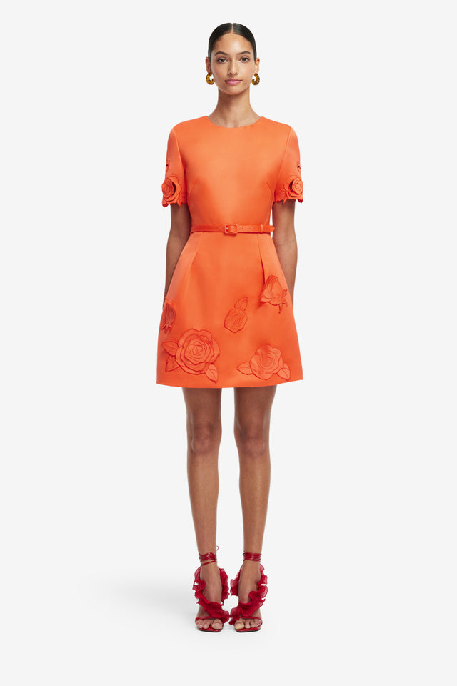 Exclusive LEO LIN Aurelie Applique Short Sleeve Mini Dress - Saffron