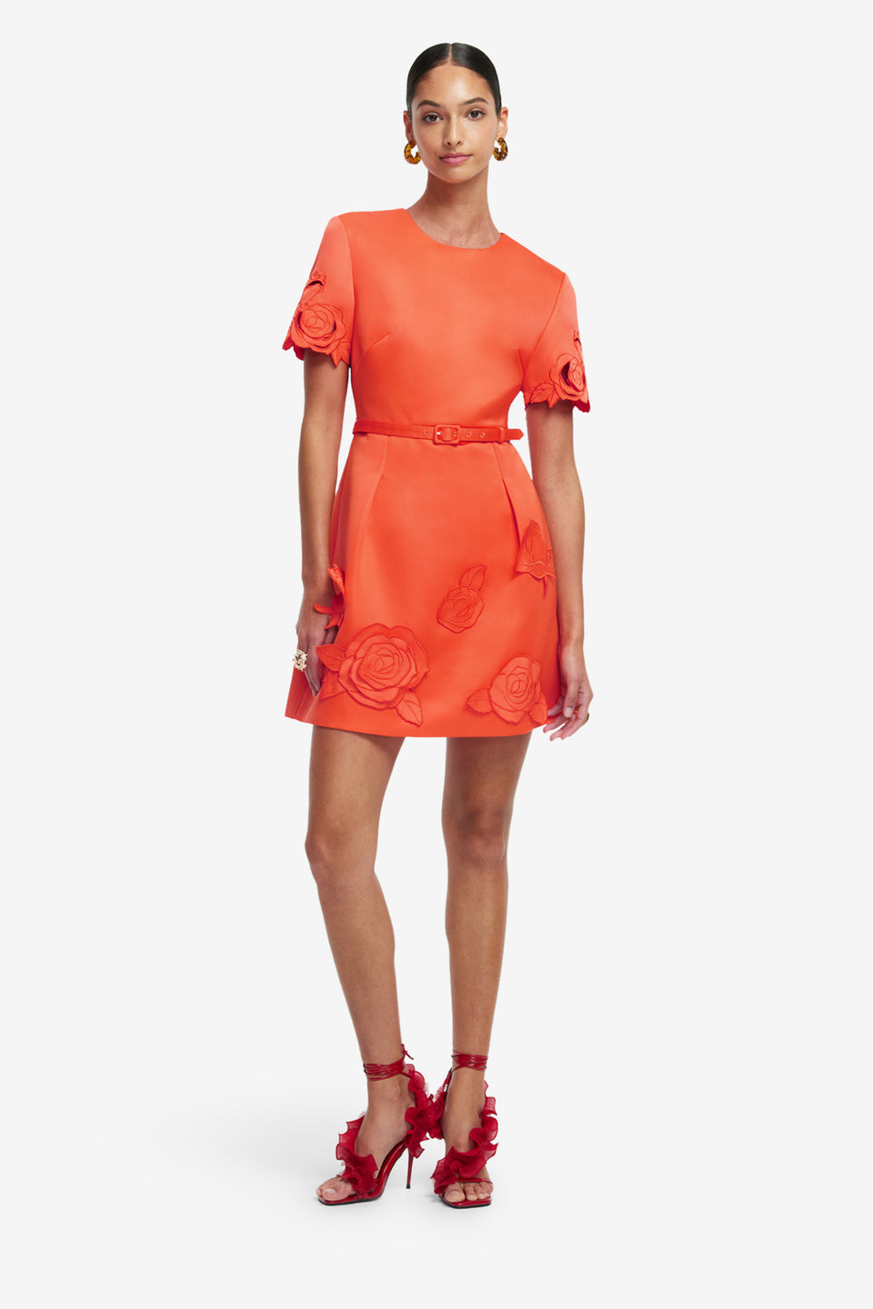 Exclusive LEO LIN Aurelie Applique Short Sleeve Mini Dress - Saffron