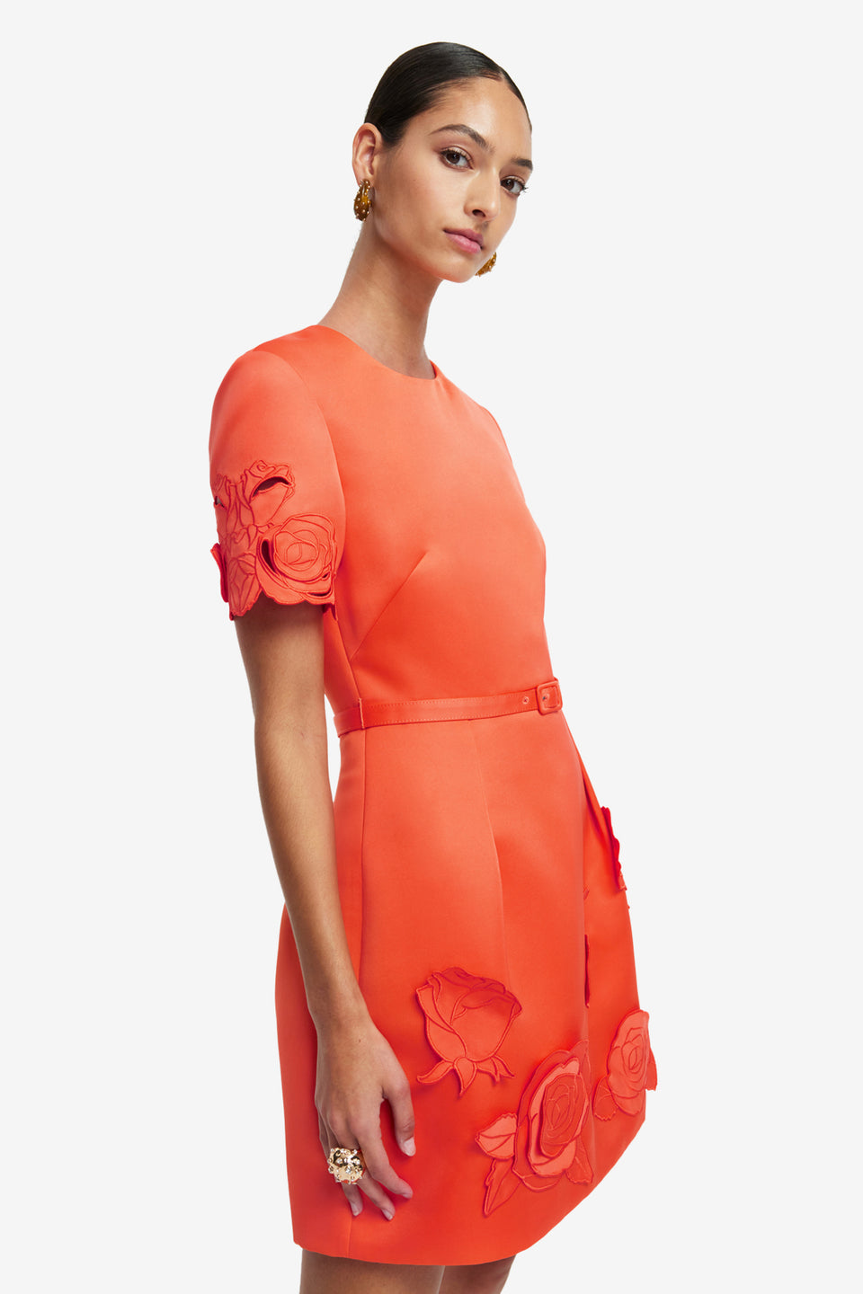 Exclusive LEO LIN Aurelie Applique Short Sleeve Mini Dress - Saffron