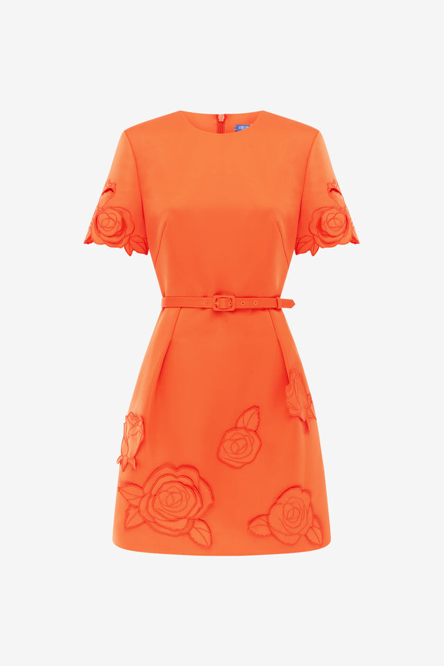Exclusive LEO LIN Aurelie Applique Short Sleeve Mini Dress - Saffron